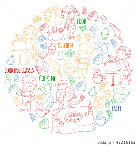 Cooking class banners, courses for little kindergarten children. Kitchenware, kitchen items, utensil Cooking class banners, courses for little kindergarten children. Kitchenware, kitchen items, utensil 42216162