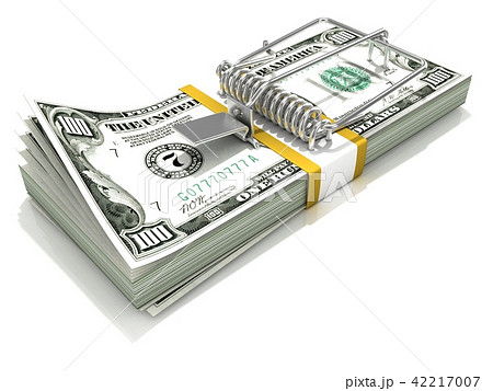 3D render mousetrap installed on dollar banknotes 42217007