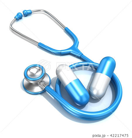 Blue stethoscope with two big blue pills, 3D Blue stethoscope with two big blue pills, 3D 42217475