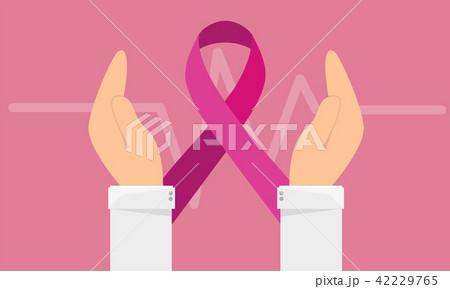 Breast cancer awareness banner - hand hold pink ribbon sign on pink background 42229765