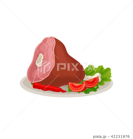 Smoked pork leg with fresh sliced tomatoes, red chili pepper and lettuce leaf. Meat on bone 42231976