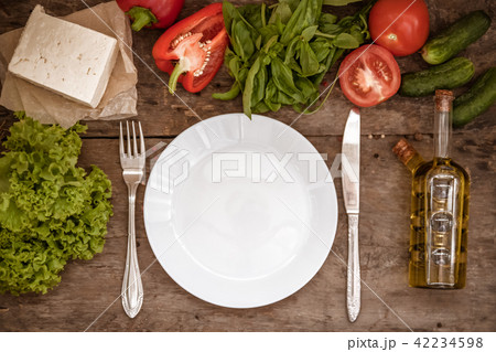 Raw ingredients of salad, tomato, cucumber, pepper 42234598