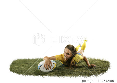 The young female rugby player isolated on white backround 42236406