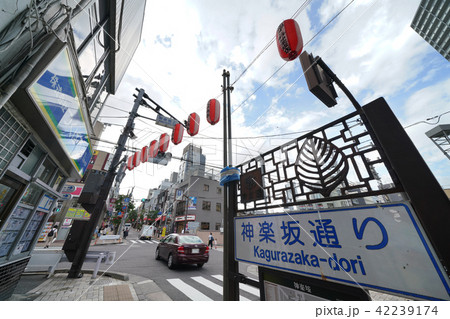 日本の東京都市景観 神楽坂の街並み(この道の先に神楽坂駅あり・神楽坂上の交差点手前までが神楽坂通り) 日本の東京都市景観 神楽坂の街並み(この道の先に神楽坂駅あり・神楽坂上の交差点手前までが神楽坂通り) 42239174