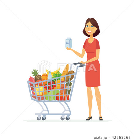 Young woman with a shopping cart - cartoon... - Stock Illustration