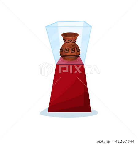 Ancient vase on red stand under glass box. Old ceramic amphora with ornament and crack. Exhibit of Ancient vase on red stand under glass box. Old ceramic amphora with ornament and crack. Exhibit of 42267944