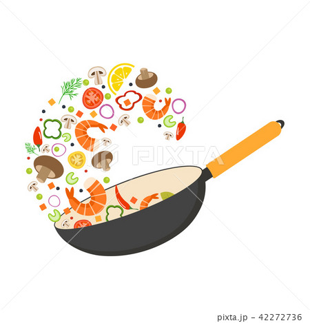 Wok pan, tomato, paprika, pepper, mushroom, shrimp. Asian food. Flying vegetables with seafood. Flat Wok pan, tomato, paprika, pepper, mushroom, shrimp. Asian food. Flying vegetables with seafood. Flat 42272736
