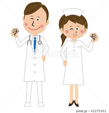 ポップな医者と看護師の男女がガッツポーズのイラスト素材