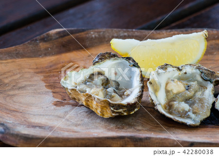 Oysters with lemon on wooden plate. 42280038
