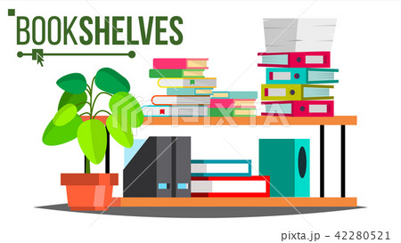 Storage Shelves Vector. Document, Book. Colored Office Folders. Information Organization. Flat 42280521