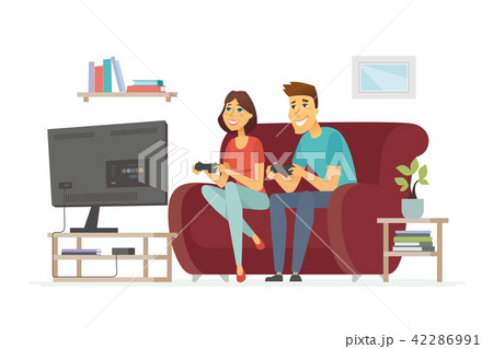 A couple resting in front of TV - cartoon people character isolated illustration 42286991