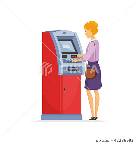 Young woman using ATM - cartoon people characters illustration 42286992
