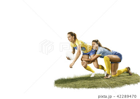 The young female rugby players isolated on white backround 42289470
