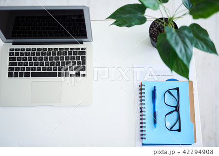 Desktop with neatly organized laptop and flower Desktop with neatly organized laptop and flower 42294908