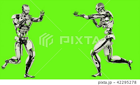 Robot android running with a gun. Realistic motion on green screen. 3D Rendering. 42295278
