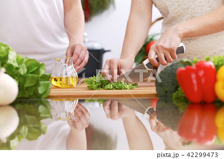 Closeup of human hands cooking in kitchen. Mother and daughter or two female friends cutting 42299473