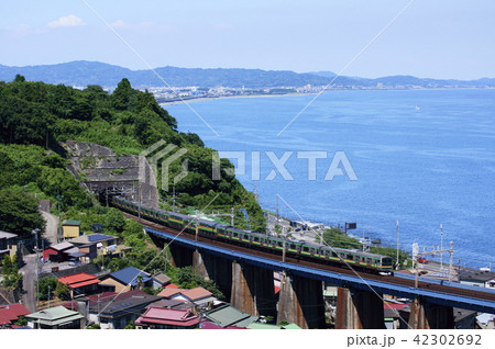 相模湾の大俯瞰　東海道本線：早川～根府川　普通列車（E231系） 42302692