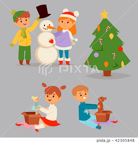 Christmas kids vector character playing winter games winter children holidays christmas tree cartoon 42305848