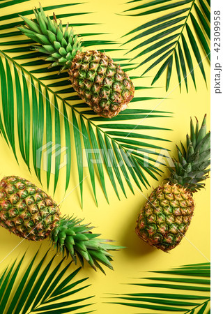 Pineapple and tropical palm leaves on yellow 42309958