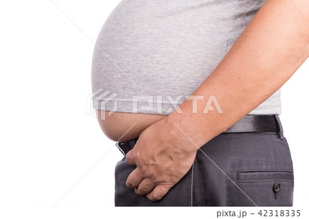 Closeup of man on t-shirt with protruded big belly 42318335