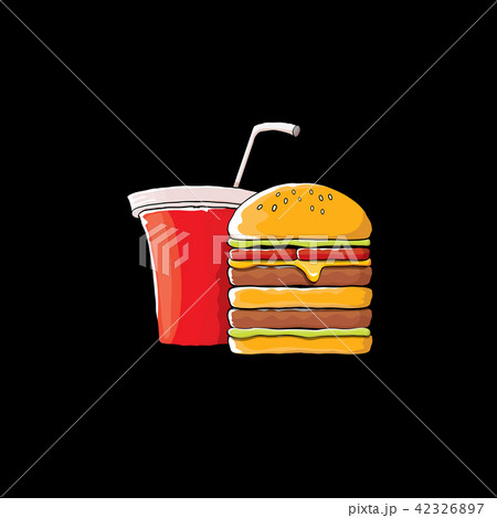 vector cartoon tasty burger and cola paper cup with straw isolated on black background. 42326897