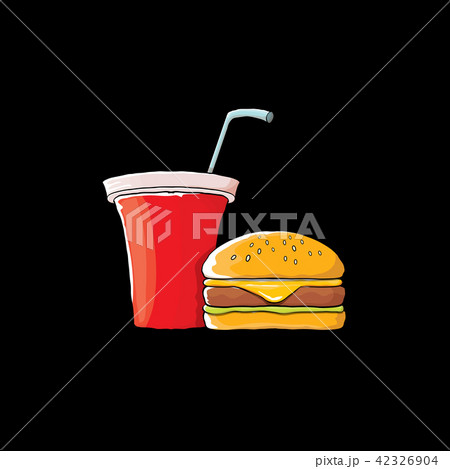 vector cartoon tasty burger and cola paper cup with straw isolated on black background. vector cartoon tasty burger and cola paper cup with straw isolated on black background. 42326904
