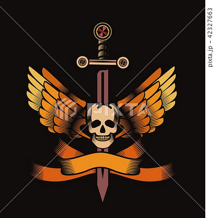 Vintage skull with sword and wings emblem 42327663