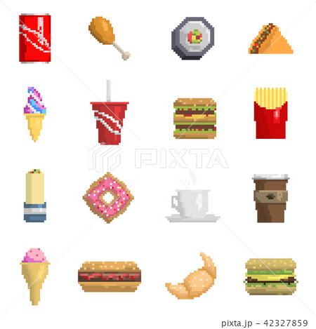 Pixel fast food vector icons fruit sweet sign of fastfood computer retro game design symbol web Pixel fast food vector icons fruit sweet sign of fastfood computer retro game design symbol web 42327859