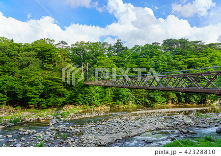 栃木県那須塩原市 七ツ岩吊橋 箒川 6月 の写真素材