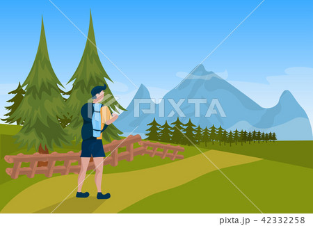 man tourist hiker backpack male over mountain background tourism concept flat 42332258