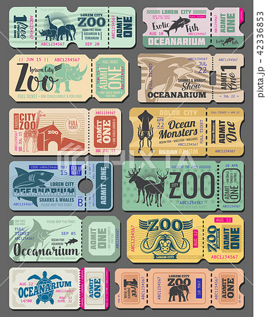 Vector vintage tickets of zoo animals and fish 42336853