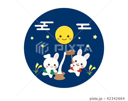 かわいい月見のイラスト ウサギの餅つきのイラスト素材