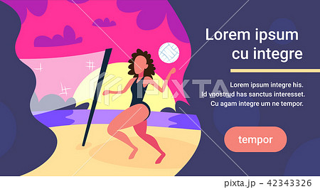 woman playing volleyball sunset beach background female sport activity cartoon character full length 42343326