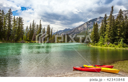 Canoes at  Bow River in Banff National ParkCanada 42343848