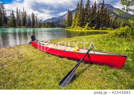 Canoes at Bow River in Banff National Park Canada 42343885