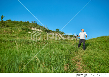 Frontview of old man walking on green field with tracking sticks. Frontview of old man walking on green field with tracking sticks. 42347602