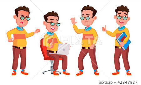 Boy Schoolboy Kid Poses Set Vector. High School Child. Secondary Education. Casual Clothes, Friend 42347827