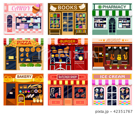 Shop window vector showwindow of book store or candyshop and window-case of pizzeria illustration Shop window vector showwindow of book store or candyshop and window-case of pizzeria illustration 42351767