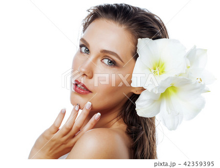 young pretty woman with Amarilis flower close up isolated on white young pretty woman with Amarilis flower close up isolated on white 42359395