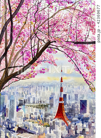Cherry blossoms and Tokyo Tower landmark of Japan. 42369677