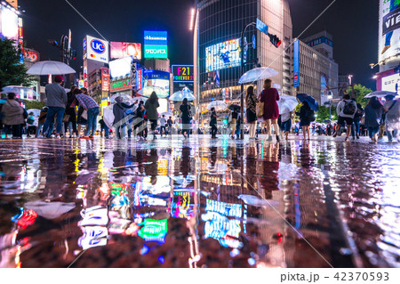 東京都 東京梅雨イメージ 渋谷スクランブル交差点の写真素材