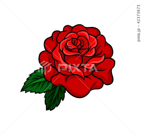 Vector icon of bright rose bud with two green leaves. Old-school tattoo design. Element for sticker 42373673