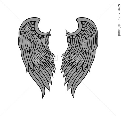 Vector icon of gorgeous bird or angel wings with gray feathers and black contour. Tattoo artwork 42373679
