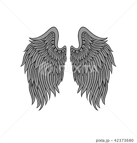 Big open angel wings with gray feathers and black contour. Old-school tattoo design. Vector for 42373680