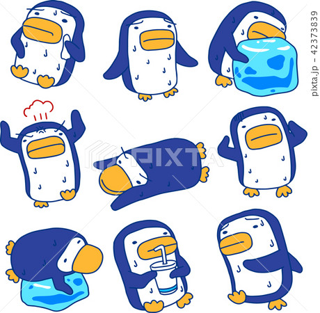 青いペンギン 暑い 猛暑 汗のイラスト素材