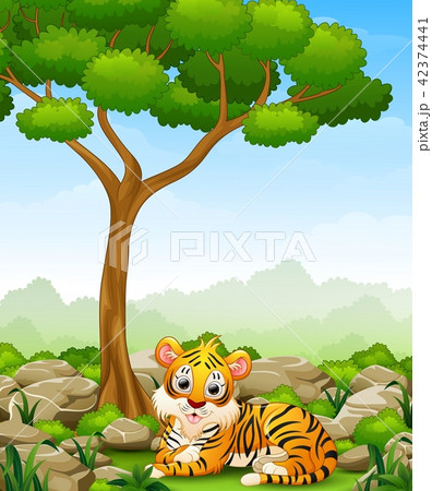 Cartoon tiger lay down in the jungle 42374441