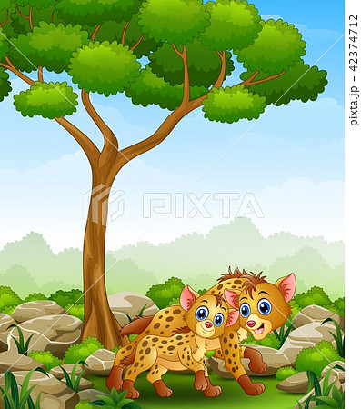 Cartoon adult hyena and cub hyena in the jungle 42374712