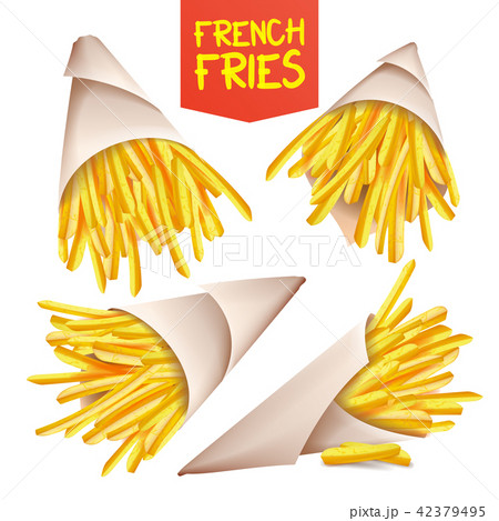 French Fries Potatoes Vector. Paper Bag, Cone. Tasty Fast Food Potato. Classic American Stick 42379495