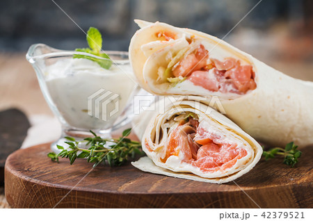 fresh tortilla wrap with salmon fresh tortilla wrap with salmon 42379521