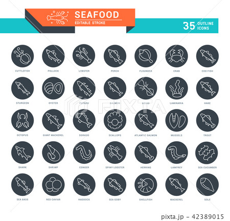 Set Vector Line Icons of Seafood. Set Vector Line Icons of Seafood. 42389015